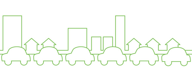 緑の車が渋滞しているシンプルな街並み