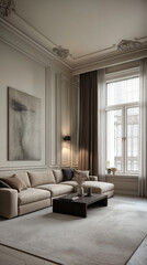 Sophisticated living room with beige sectional sofa, ornate ceiling moldings, tall windows, neutral tones, and soft natural lighting.