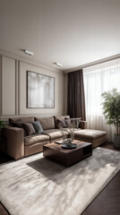 A stylish living room with a beige sectional sofa, wooden coffee table, large window with sheer curtains, and a potted plant, creating a warm and inviting ambiance.