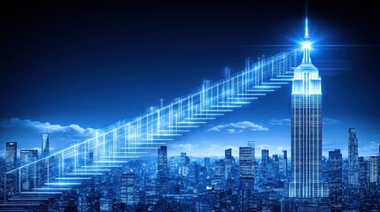 Obraz premium Digital Ascent Abstract Urban Landscape with Glowing Stairway Towards Future City Technology and Innovations in a Metropolitan Environment