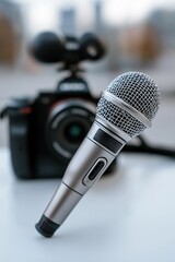 Obraz premium A microphone is placed next to a camera. The microphone is silver and has a black handle. The scene is set on a white table