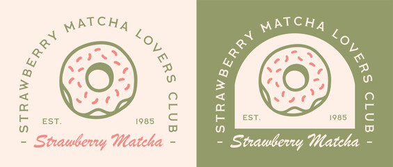 Strawberry matcha donut lovers club green tea flavor Japanese sweets dessert cake aesthetic logo girl shirt design. Cute trendy kawaii organic vegan food pink sprinkles badge sticker illustration.