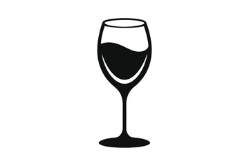 A black wine glass half filled with a liquid sits centered on a white backdrop