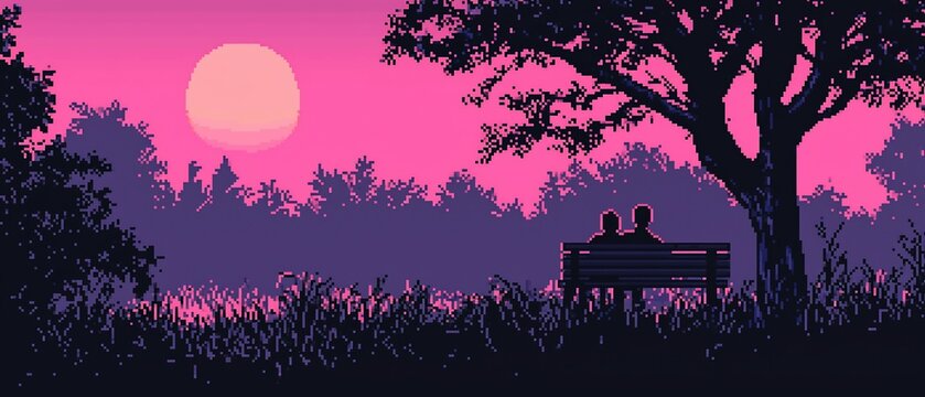 Pixelated twilight rendezvous: A serene moment shared beneath pastel skies