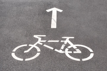 A drawn bicycle sign on the asphalt markings, arrows on top of the bike path directions.
