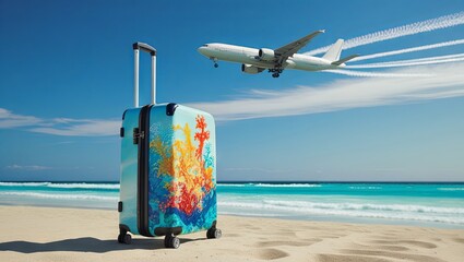 banner featuring a suitcase on the beach with a plane soaring in the background, evoking a sense of adventure and wanderlust, ideal for promoting travel, vacations, and exciting getaways by the coast