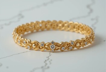 Intricate golden floral bangle bracelet with detailed beading, luxury design, and glamorous shine.
