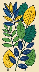 Mid-Century Modern Botanical Line Art: Yellow, Green, Blue Leaves