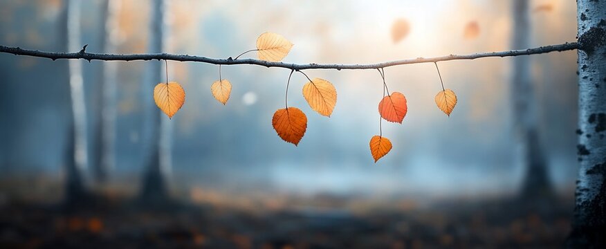 Autumn leaves hanging from a branch in a misty forest