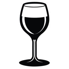 Simple, elegant black and white illustration of a wine glass filled partially