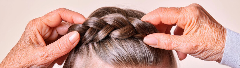 Fototapeta premium Elderly hands gently braiding young girl brown hair, closeup shows care, love, and family connection in warm, soft light