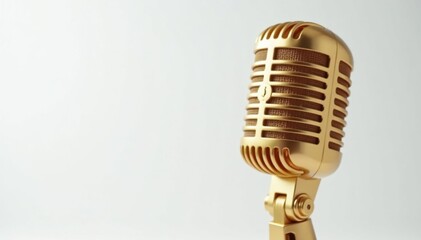 Close-up of a single gold microphone on white background, clean, closeup, modern