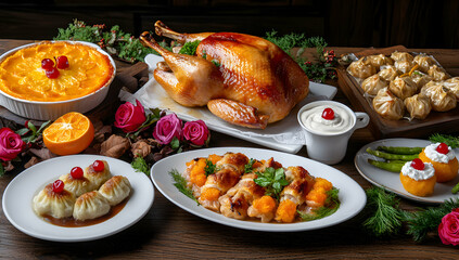 Roasted turkey, dumplings, and festive food