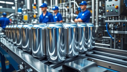 New aluminum cans are transported along a conveyor belt in a beverage production facility, highlighting the food and beverage manufacturing industry