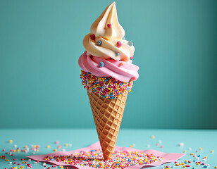A pastel-toned soft serve ice cream cone is decorated with vibrant rainbow sprinkles, suspended over a turquoise surface for a festive look.
