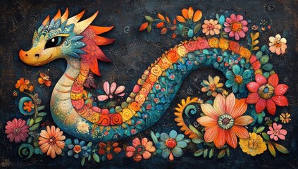 Fototapeta premium Dragon adorned with flowers, vibrant colors
