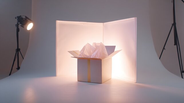 a gift box prominently placed in front of a wall with a large opening and pink interior, suggesting a celebration or special event