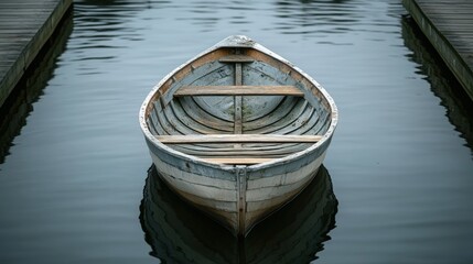 Naklejka premium Antique wooden rowboat on calm water