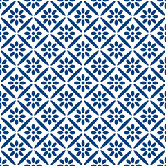 Fototapeta premium Seamless geometric tile pattern with blue floral ornaments on white background. Elegant traditional ceramic style. Vector illustration.