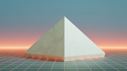 3d rendering of a pyramid in the middle of a grid-like landscape. the pyramid is white and appears to be made of a smooth, glossy material.
