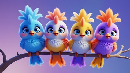 A delightful digital illustration featuring four adorable cartoon baby birds with large, expressive eyes perched closely together on a simple branch.