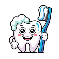 Tooth holding a toothbrush to demonstrate daily 2 times brushing habit for healthy teeth