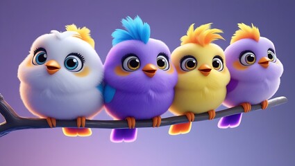 Obraz premium A delightful digital illustration featuring four adorable cartoon baby birds with large, expressive eyes perched closely together on a simple branch.