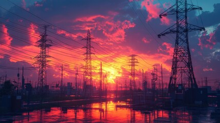 Fototapeta premium Sunset over power lines and industrial landscape