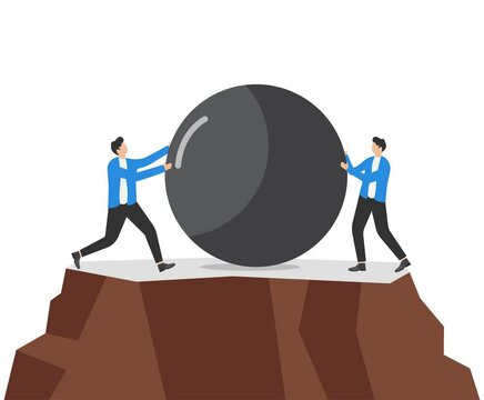 Leadership rivalry between two entrepreneurs pushing a boulder against each other to eliminate competition. Vector illustration.
