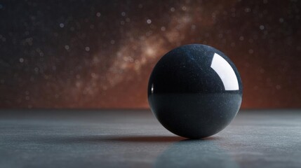 3d rendering of a black sphere with a white stripe on the side. the sphere is placed on a grey surface with a blurred background of a starry night sky.