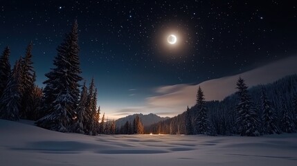 a full moon shines over a snowy mountain