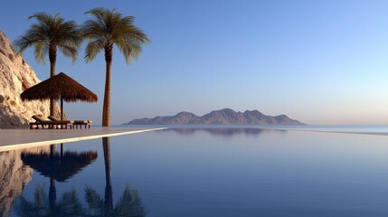 a pool with palm trees and a beach