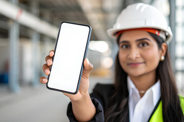 Confident Indian woman in a hard hat and business attire holds up smartphone with empty white screen for app or software display mockup