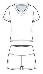 V-Neck Cropped T-Shirt and Mid-Rise Shorts Technical Fashion Illustration. Women’s Fitted Workout Set Vector Template. Front View. Activewear Ensemble. CAD Mockup.