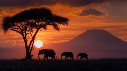 elephants walking in front of a tree at sunset © Kropotkin
