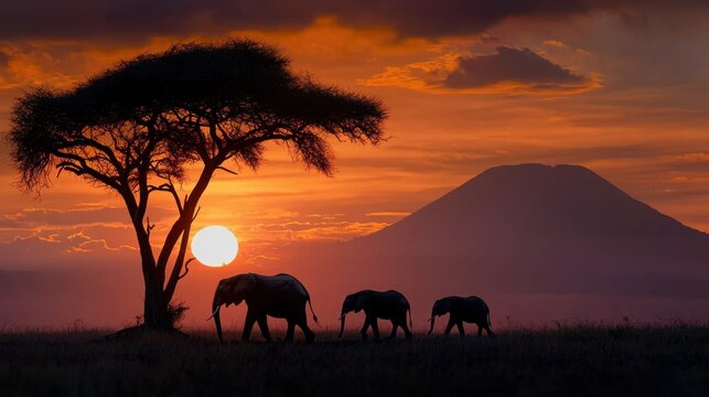 elephants walking in front of a tree at sunset