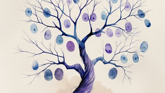 A watercolor illustration of a unique family tree, where the branches and roots are formed by fingerprints. The tree is leafless, symbolizing the family’s lineage and connections 
