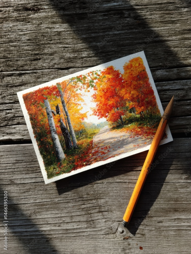 Poster colorful autumn postcard rests on weathered wood with a vibrant landscape of orange and red trees in