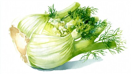 Watercolor Fennel Bulb Illustration | Botanical Anise Vegetable Clipart | Fresh Herb Root Art &ndash; White Background

