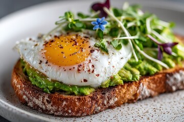 Avocado Toast Delight: A close-up view showcases a delectable open-faced sandwich, featuring a vibrant avocado spread topped with a perfectly cooked egg and microgreens
