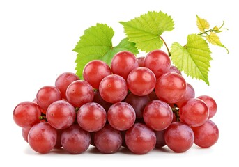 Fototapeta premium A vibrant bunch of red grapes with green leaves isolate on white background