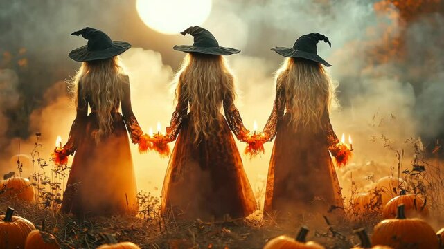 Three witches hold candles in a pumpkin patch during a mystical Halloween twilight