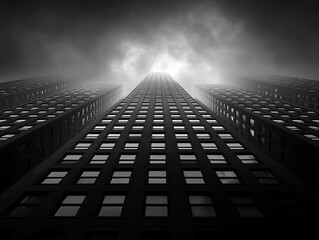 monochromatic view of tall buildings reaching into the cloudy sky.