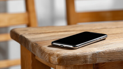 Modern Smartphone Placed on Rustic Wooden Table with Clean White Background for Minimalist Aesthetic Appeal