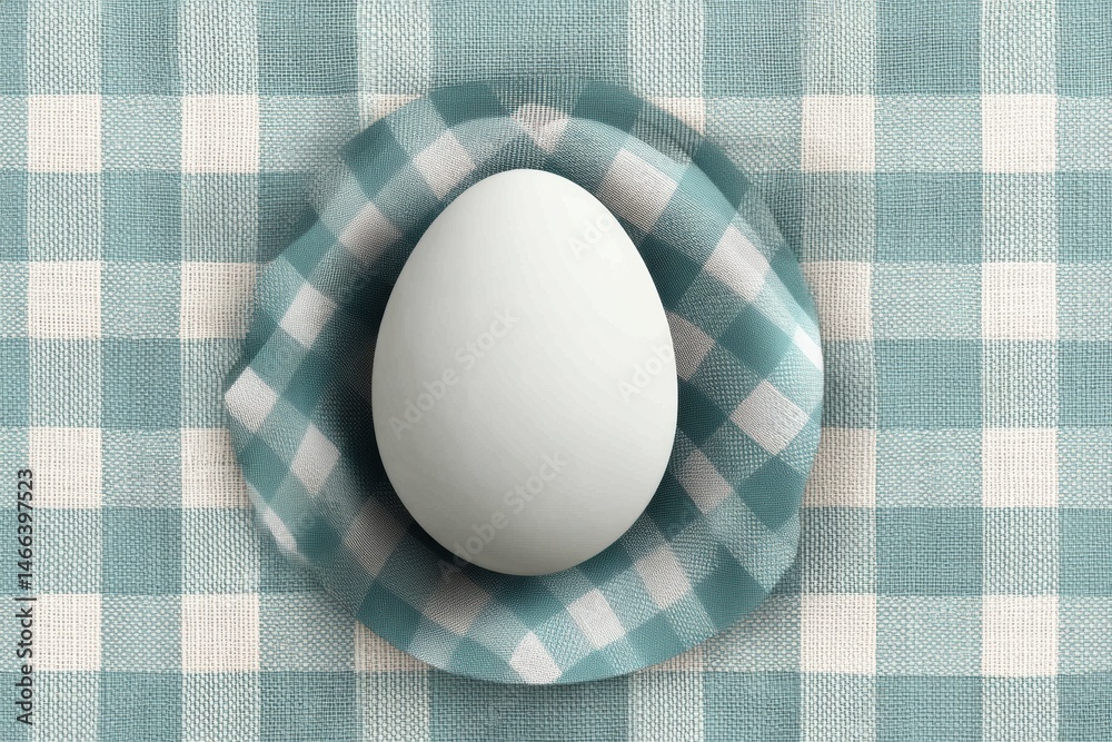 Poster Simple White Egg Resting on Checkered Cloth Surface, Showcasing Minimalistic Design and Soft Textures in a Cozy Kitchen Setting Generative AI
