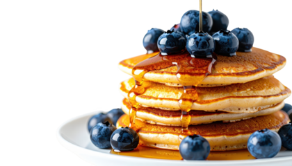 Fluffy pancakes with fresh blueberries and drizzled syrup, a delicious breakfast treat