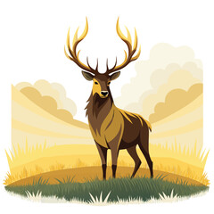 Fototapeta premium Capture the serene beauty of a majestic stag with large antlers standing in a misty, golden field 