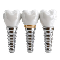 Three dental implants are displayed on a white backdrop, one featu a gold component to illustrate different options for restorative dentistry services.