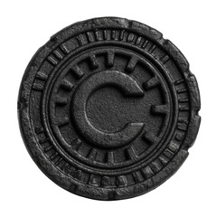 A weathered black coin with a central embossed letter C and radial markings on a textured surface, isolated against a white background for a stark contrast.