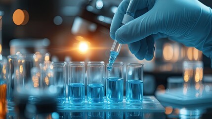 Gloved hand adds blue liquid to test tubes in scientific laboratory setup